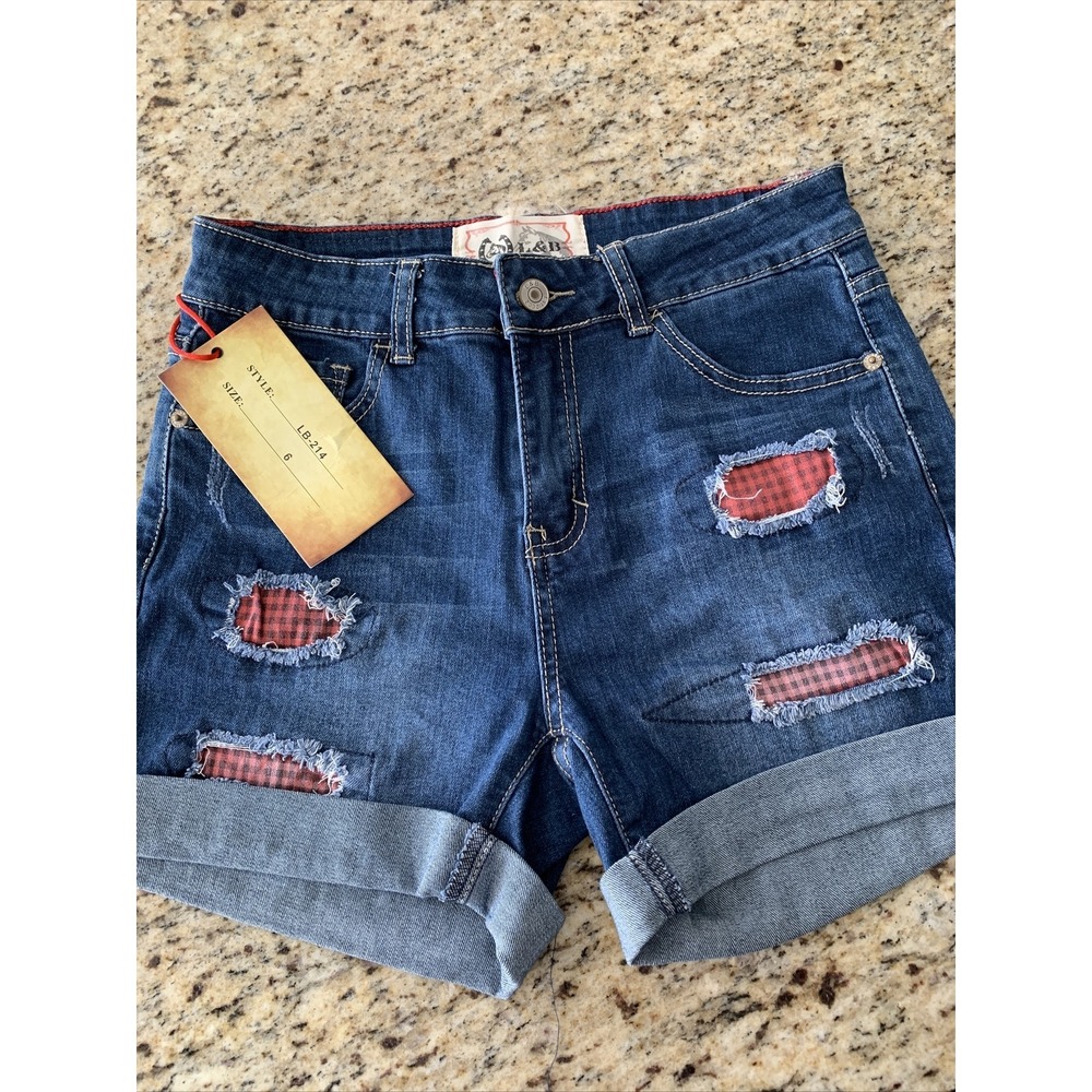 NWT L & B Jean Shorts Size 6 Cuffed With Red Checked Patches Style LB-214